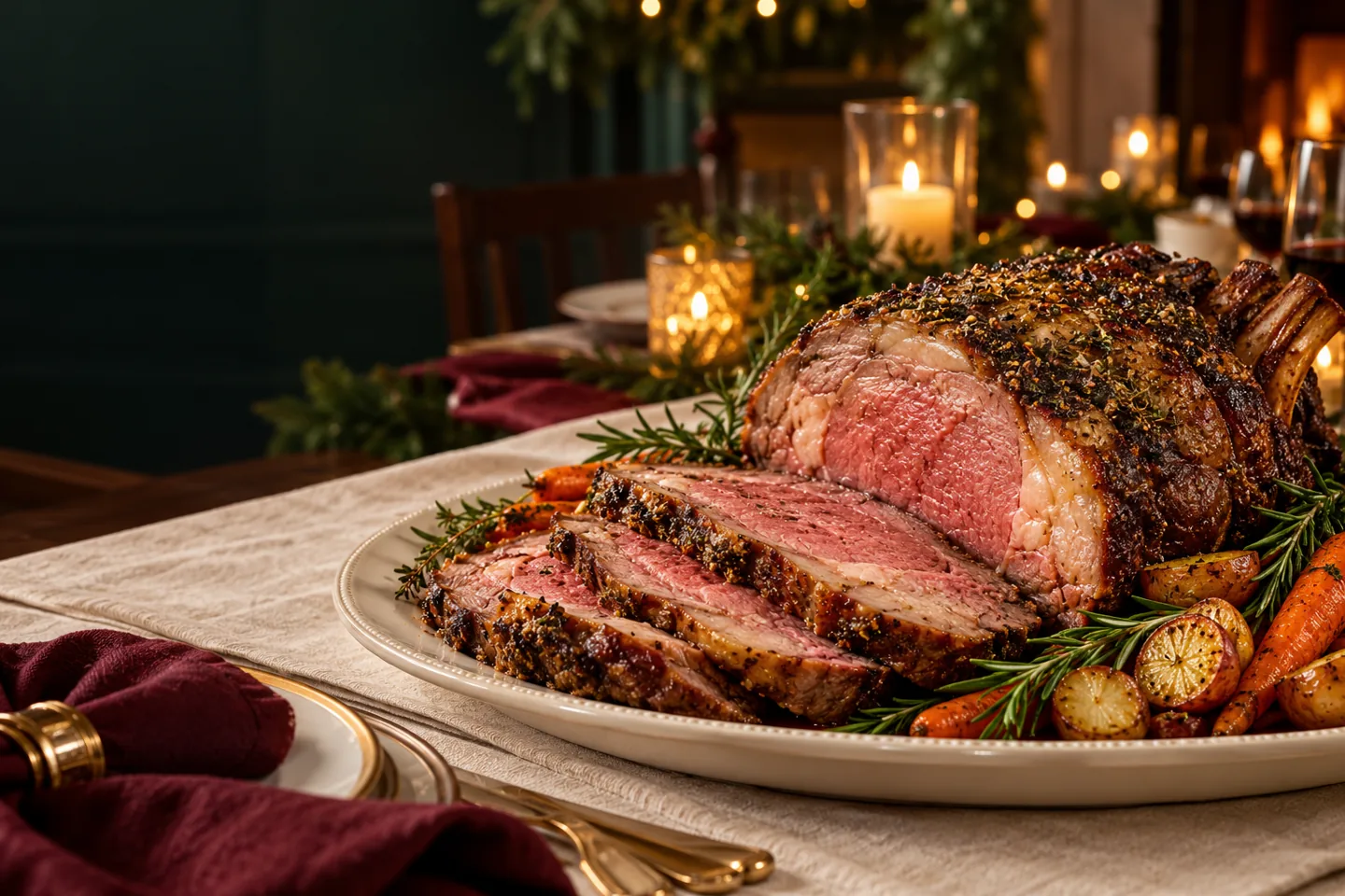Prime rib roast with vegetables on a festive table