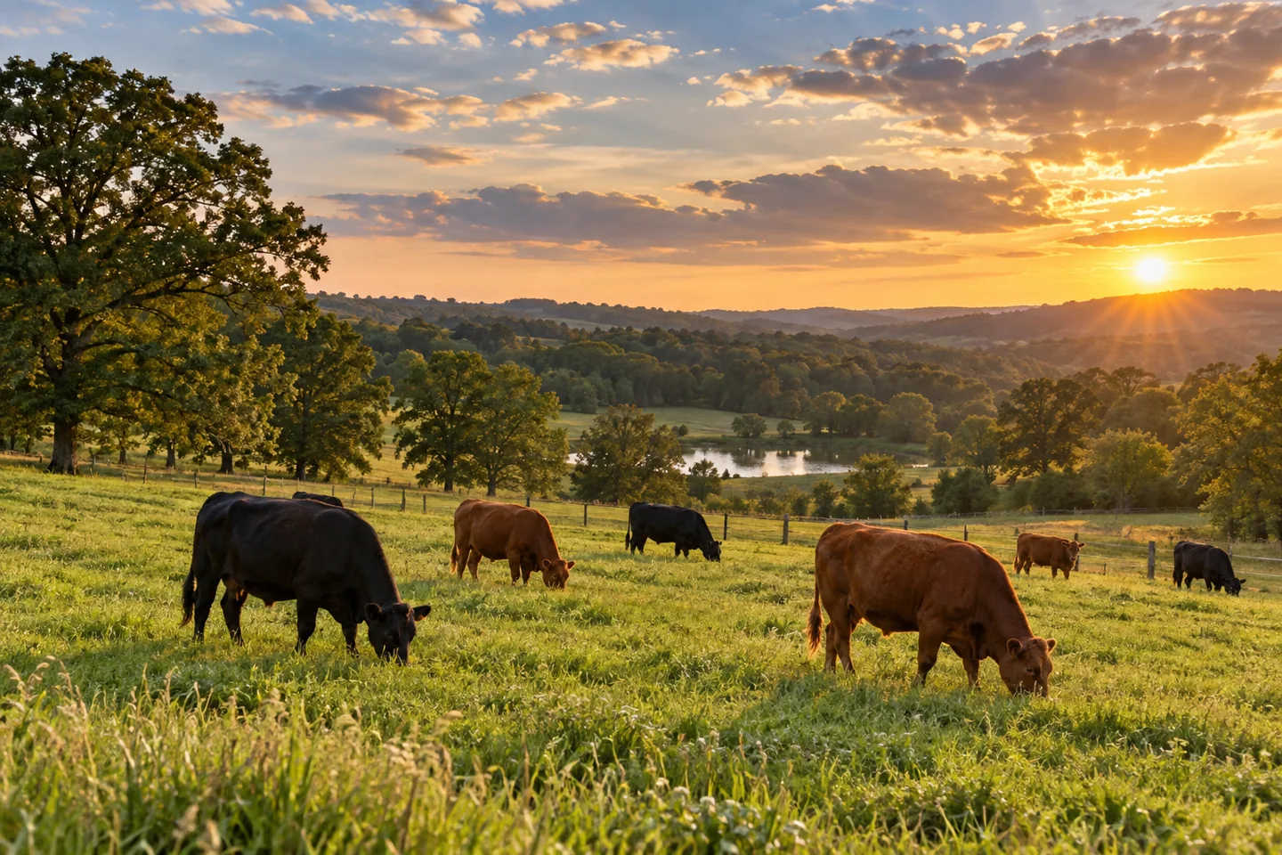 Cattle grazing in a green pasture